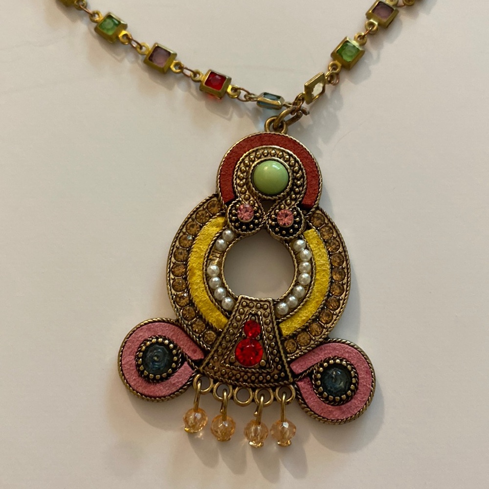 Colorful Exotic long gold tone 34 inch necklace with 2 inch pendant